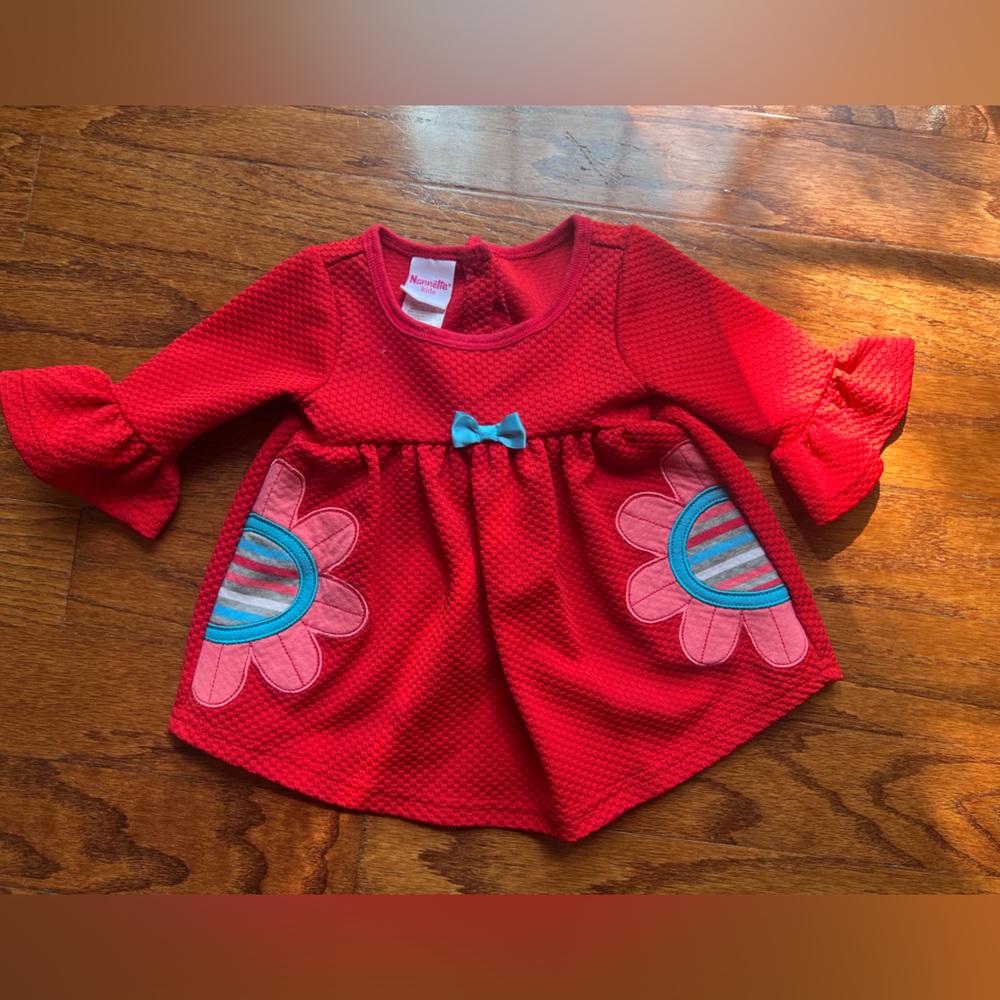 Nannette Red Knit Flower Appliqué Tunic with Blue Bow